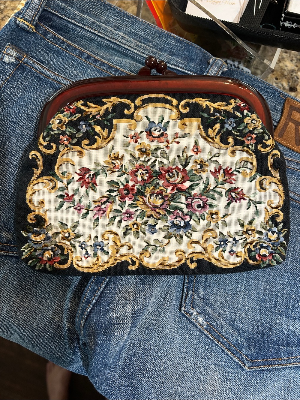 1960’s 1970’s Small Petit-Point Kiss Lock Floral Tapestry Clutch - Bakelite